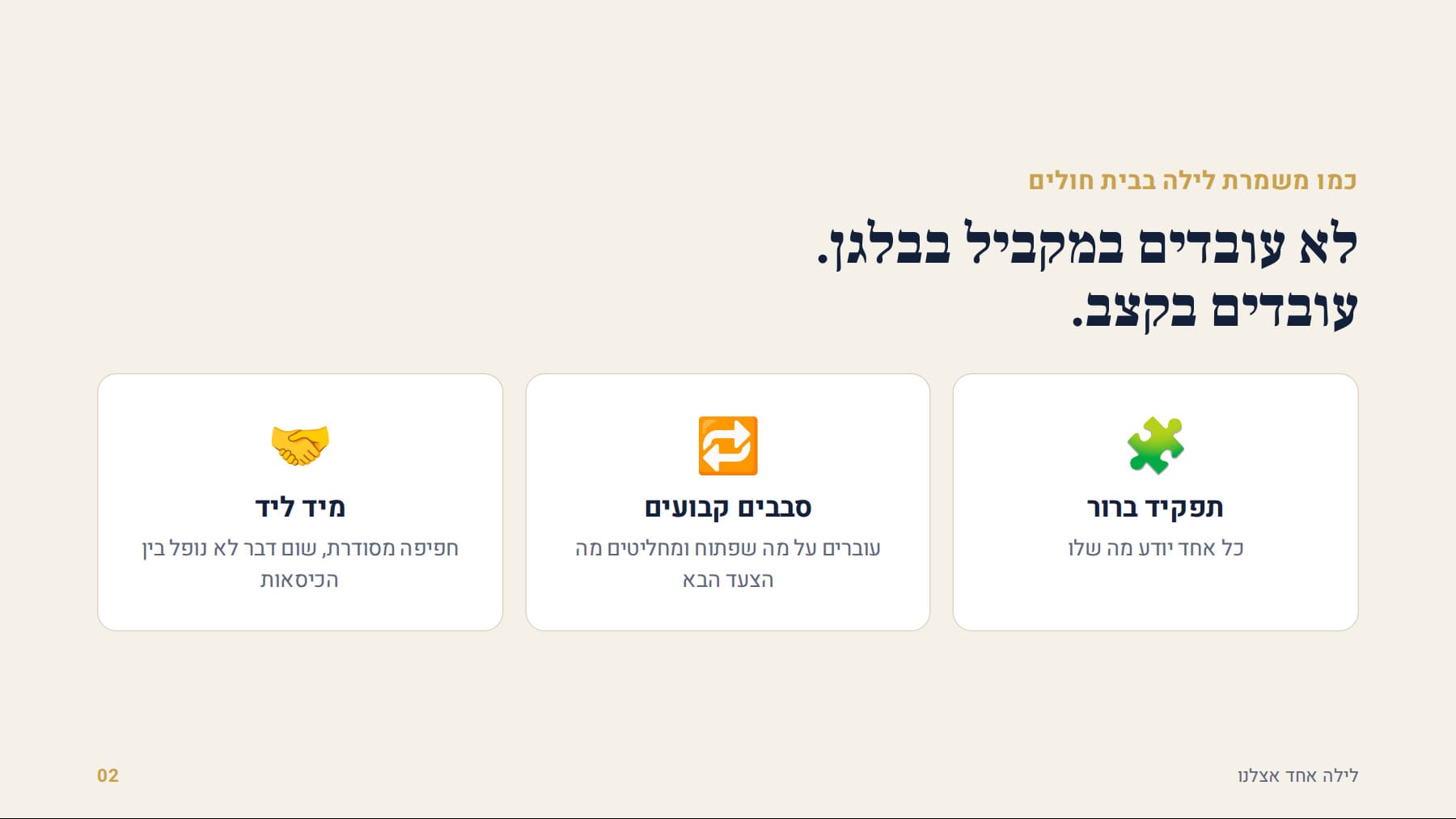 תפקיד ברור, סבבים קבועים, מיד ליד