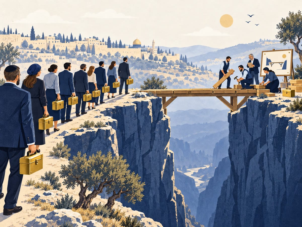 תור ארוך מול גשר שעוד בבנייה