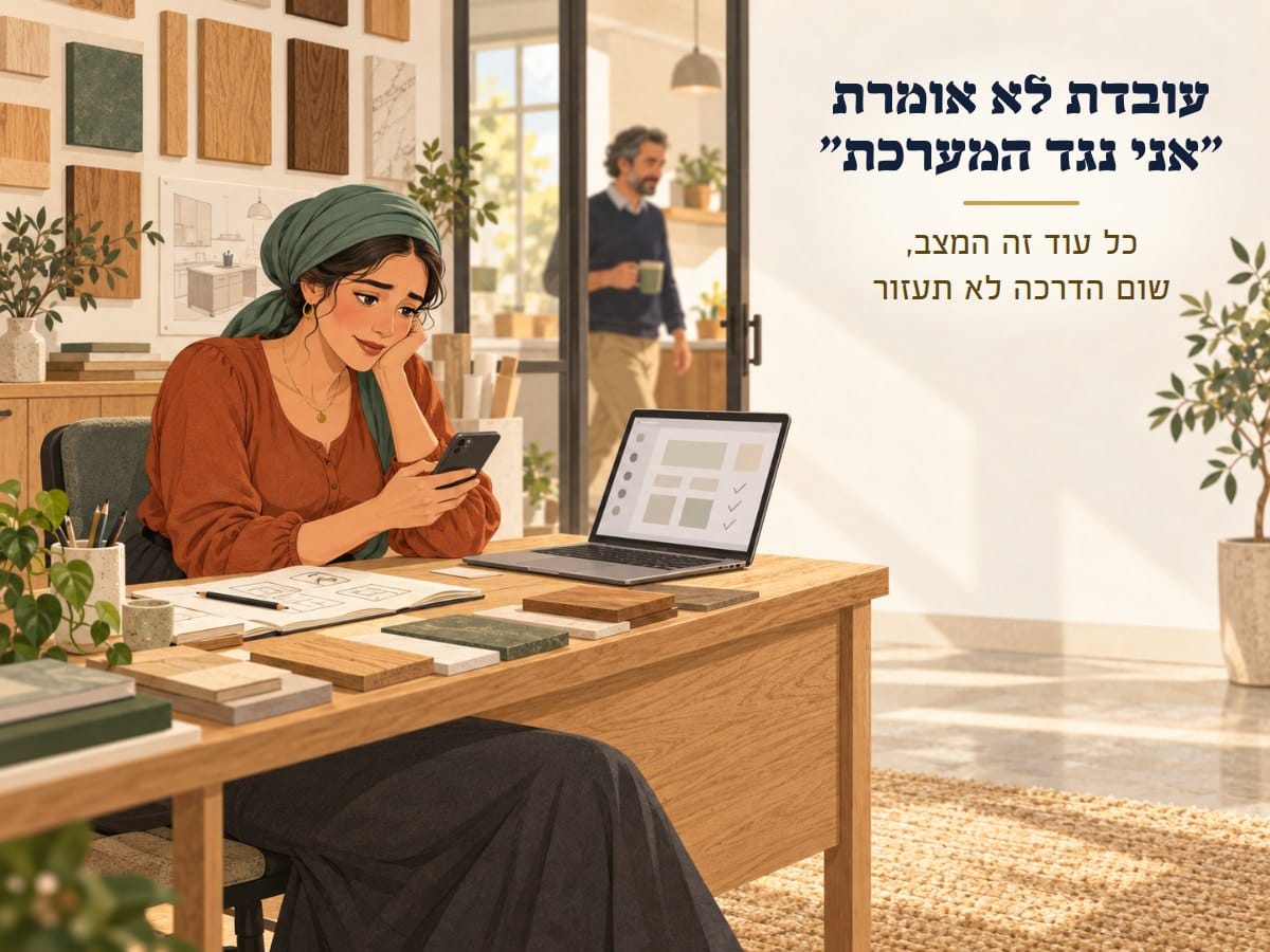 עובדת במטפחת ירוקה בסטודיו למטבחים, נשענת על היד מול הטלפון בחיוך עייף, ליד מחשב נייד ודוגמאות עץ