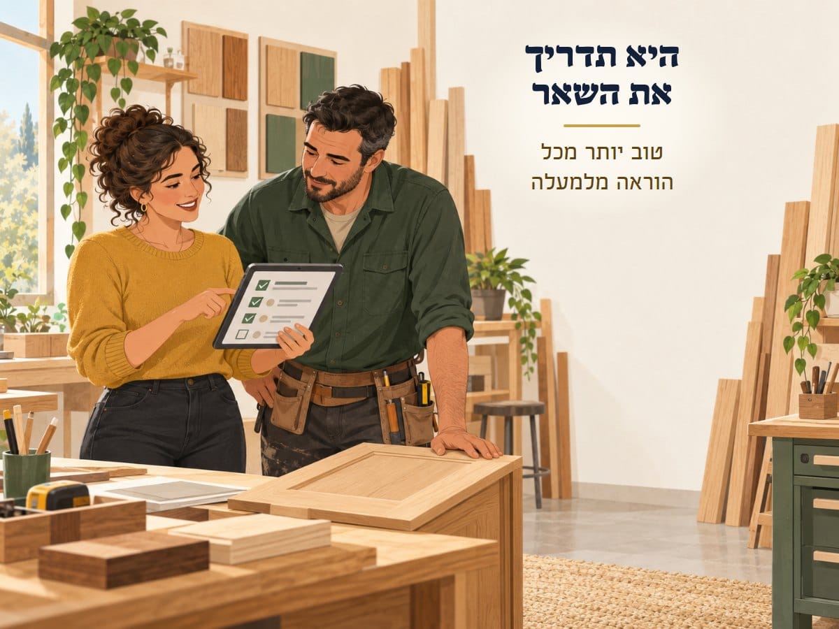 עובדת בסוודר חרדל מראה למתקין רשימת סימונים בטאבלט, והוא מקשיב בחיוך