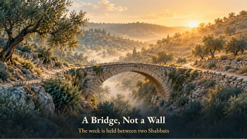 An ancient stone bridge between two hills at sunrise: a bridge, not a wall