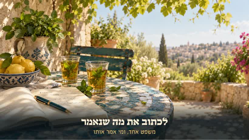 פנקס פתוח ועט על שולחן בגינה, ליד כוסות תה עם נענע