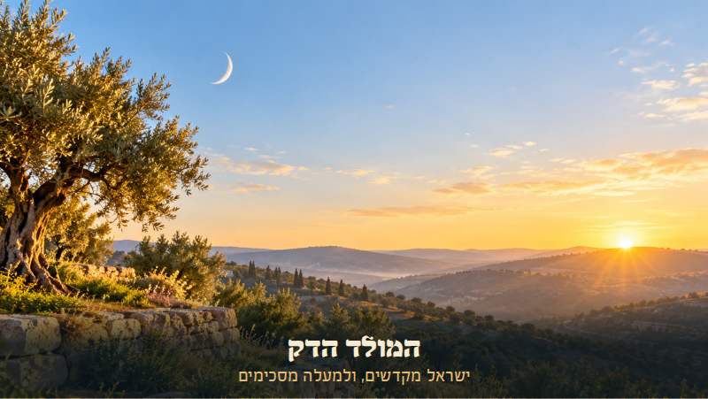 ירח חדש דק בשמי שחר, מעל הרים ועץ זית