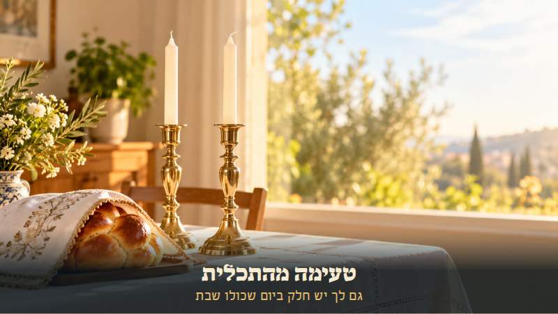 פמוטי שבת עם נרות לבנים מוכנים וחלה מכוסה, על מפה לבנה באור יום
