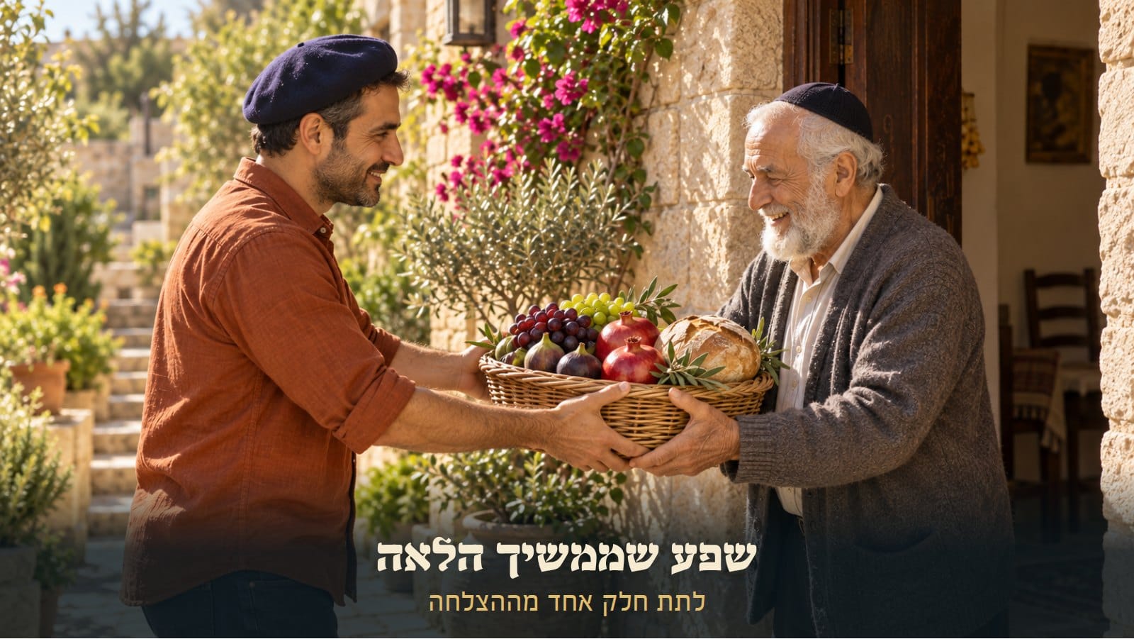 עידו מריפא מביא סל פירות ולחם לשכן מבוגר בפתח בית מאבן ירושלמית: שפע שממשיך הלאה