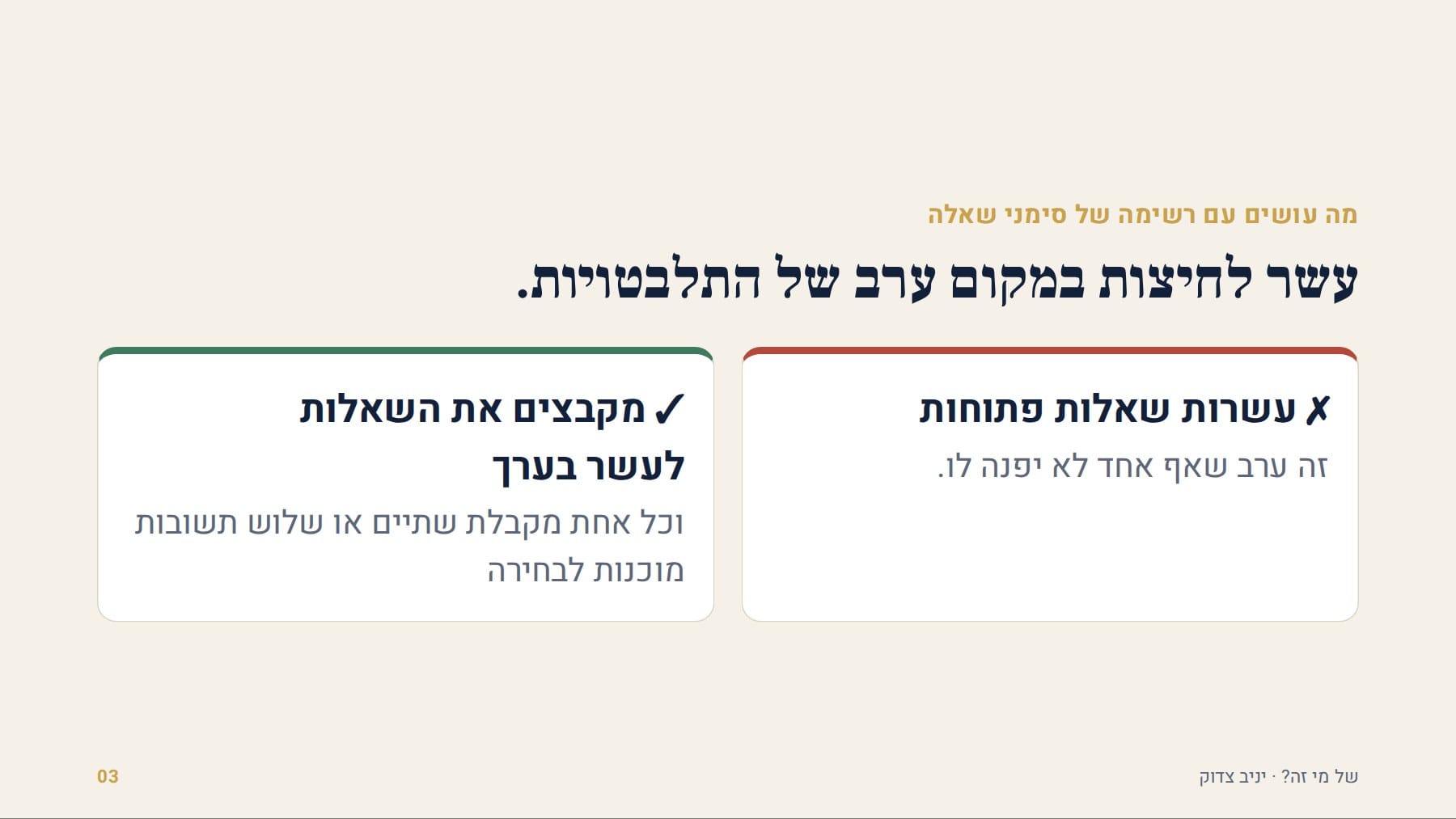 שקף: מה עושים עם רשימה של סימני שאלה עשר לחיצות במקום ערב של התלבטויות. ✗ עשרות שאלות פתוחות זה ערב שאף אחד לא יפנה לו. ✓ מקבצים את השאלות לעשר בערך וכל אחת מקבלת שתיים או שלוש תשובות מוכנות לבחירה של מי זה? · יניב צדוק