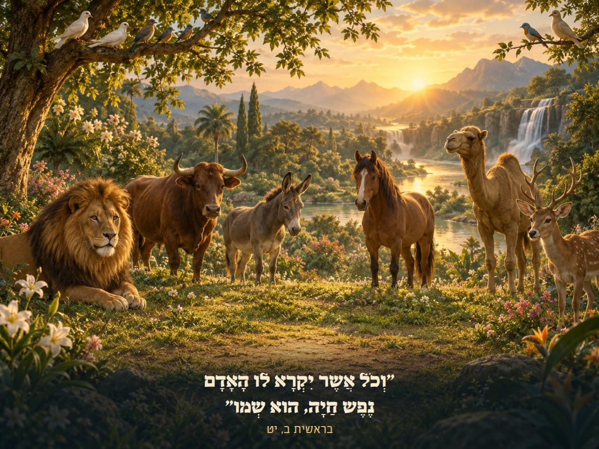 בעלי החיים בגן עדן עומדים יחד באור הזריחה, כאילו מחכים שיקראו להם בשם