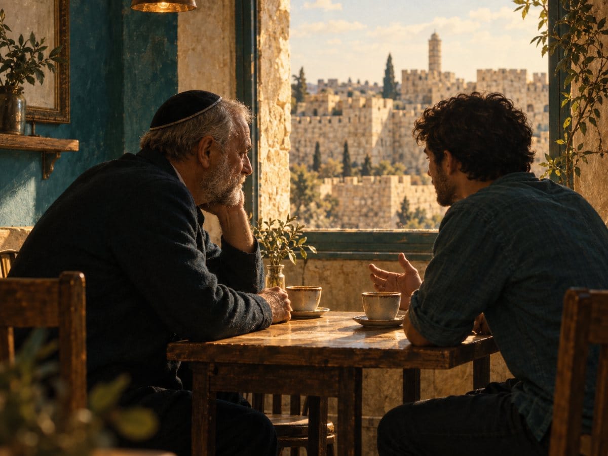 מבוגר וצעיר ליד שולחן בבית קפה מול מגדל דוד, המבוגר מקשיב בתשומת לב מלאה