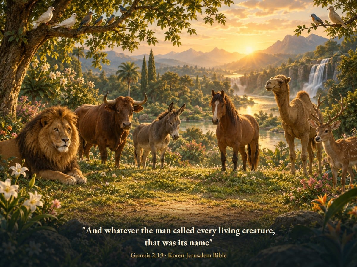 The animals of the Garden of Eden stand together in the dawn light, as if waiting to be called by name
