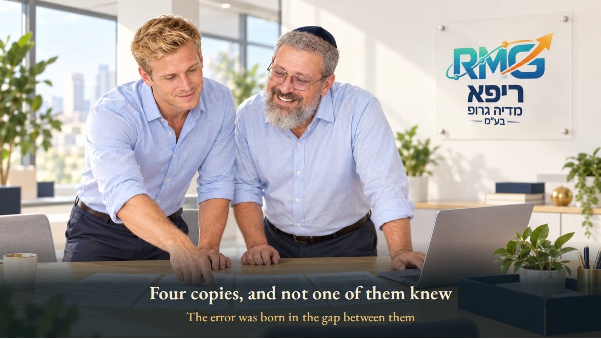 Yaniv and Dor at the RIPA office, laying four pages side by side and finding the gap