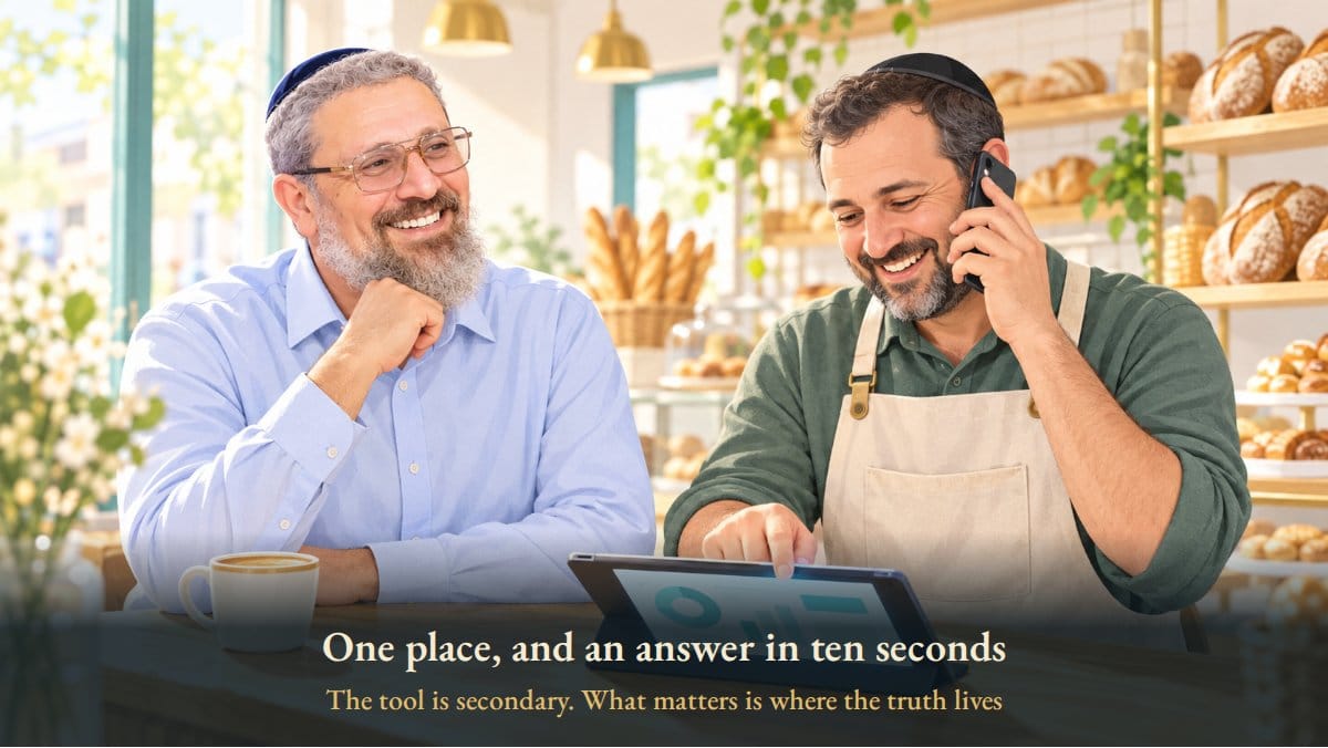 Yaniv sitting with a bakery owner who finds the answer about a payment in ten seconds