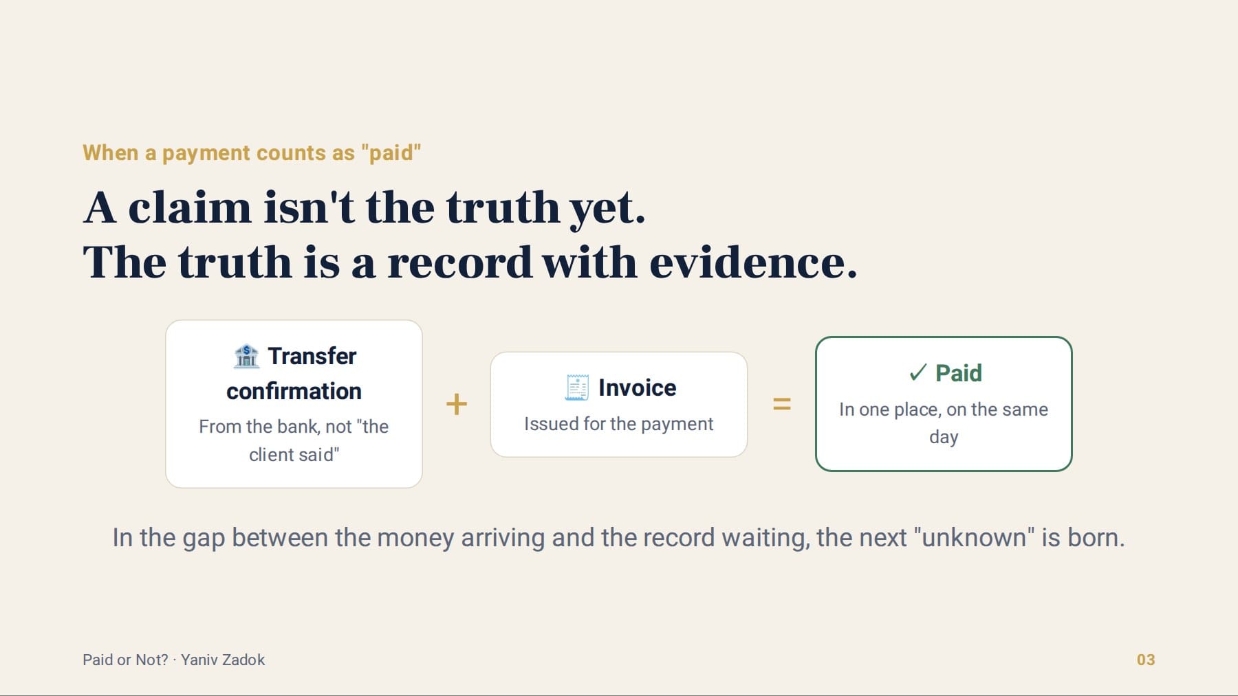 Transfer confirmation plus invoice equals paid, in one place, on the same day