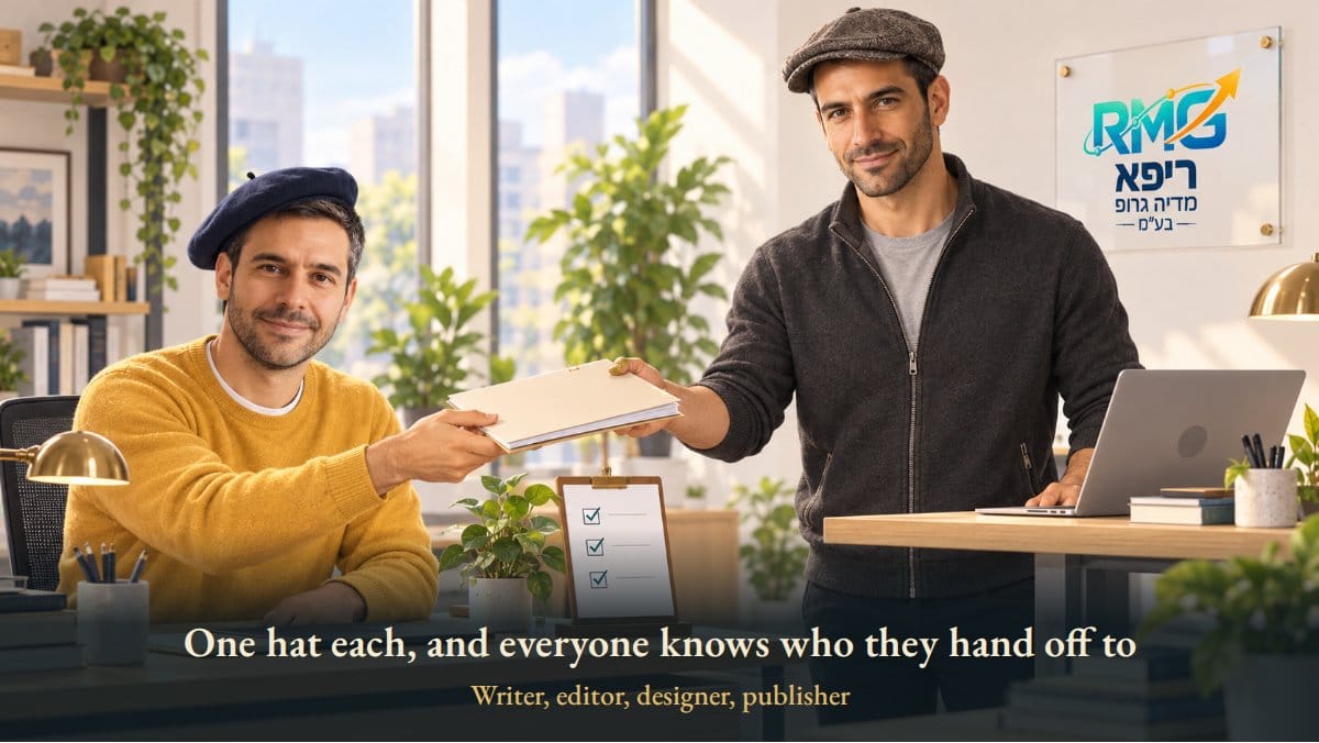 Ido handing a finished article to Gilad, each wearing a single hat