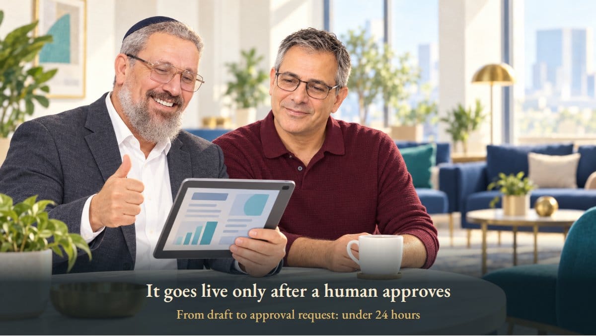 Yaniv approving the article, with Boaz beside him
