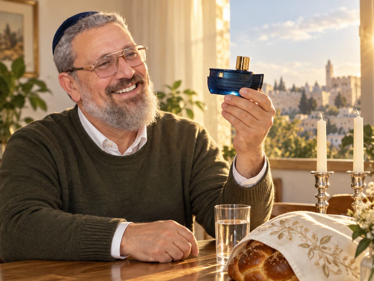 יניב ליד שולחן שבת, מחזיק בקבוק בושם כחול בצורת תיבה, וברקע חומות ירושלים