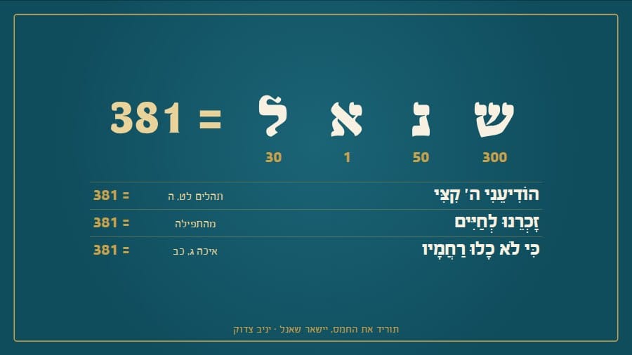 שנא״ל = 381: הודיעני ה' קצי, זכרנו לחיים, כי לא כלו רחמיו