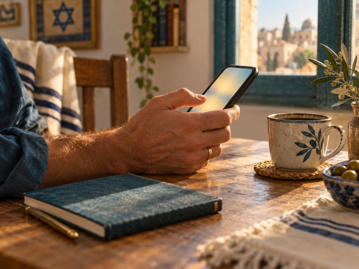 יד מחזיקה טלפון ועוצרת לרגע לפני שליחת הודעה, ליד כוס קפה