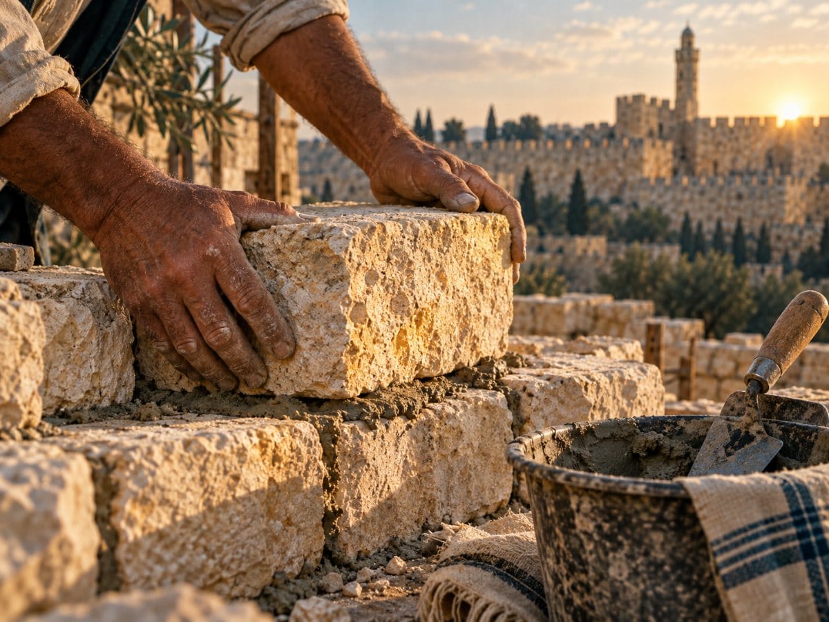 Hands placing a Jerusalem stone into a wall under construction, in morning light