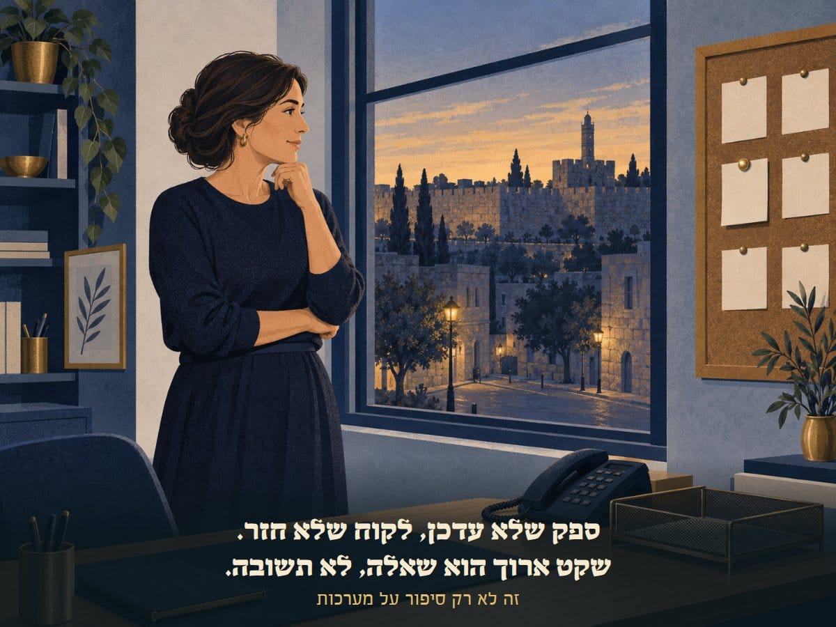אישה במשרד בשעת ערב מסתכלת מהחלון ומתלבטת, ליד טלפון ומגש דואר ריק