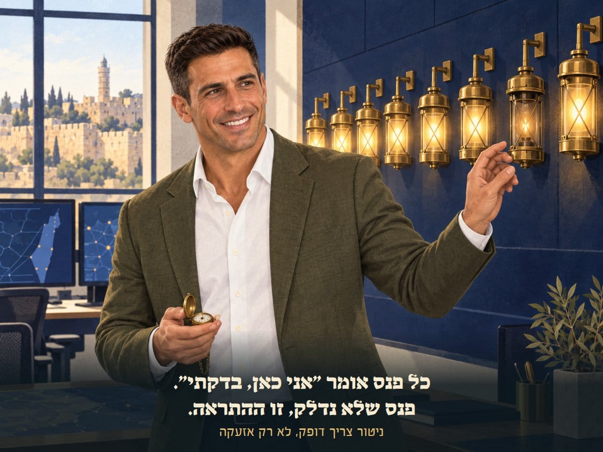 יוסי עם שעון כיס מול שורת פנסים דולקים, כל אחד מהם סימן חיים