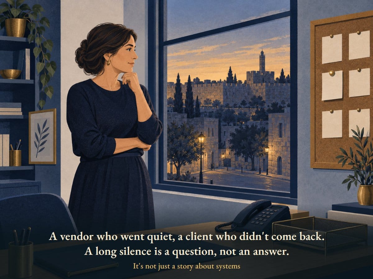 A woman in an office in the evening, looking out the window and thinking, next to a phone and an empty mail tray