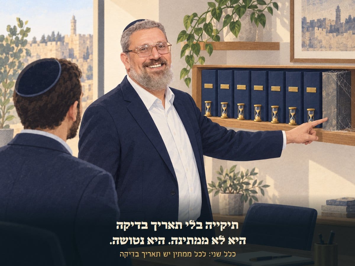 יניב מצביע על התיקייה המאובקת היחידה בלי תאריך בדיקה