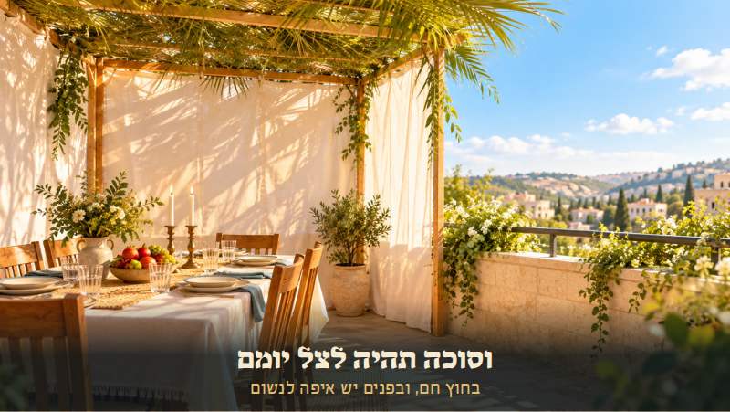 סוכה עם סכך ירוק ויריעות לבנות, שולחן ערוך עם נרות, ומבט אל הגבעות באור יום