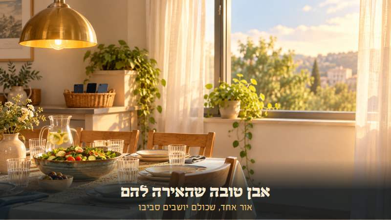 שולחן משפחתי ערוך באור אחר הצהריים, מנורה חמה דולקת מעליו, וסלסלה עם טלפונים בצד