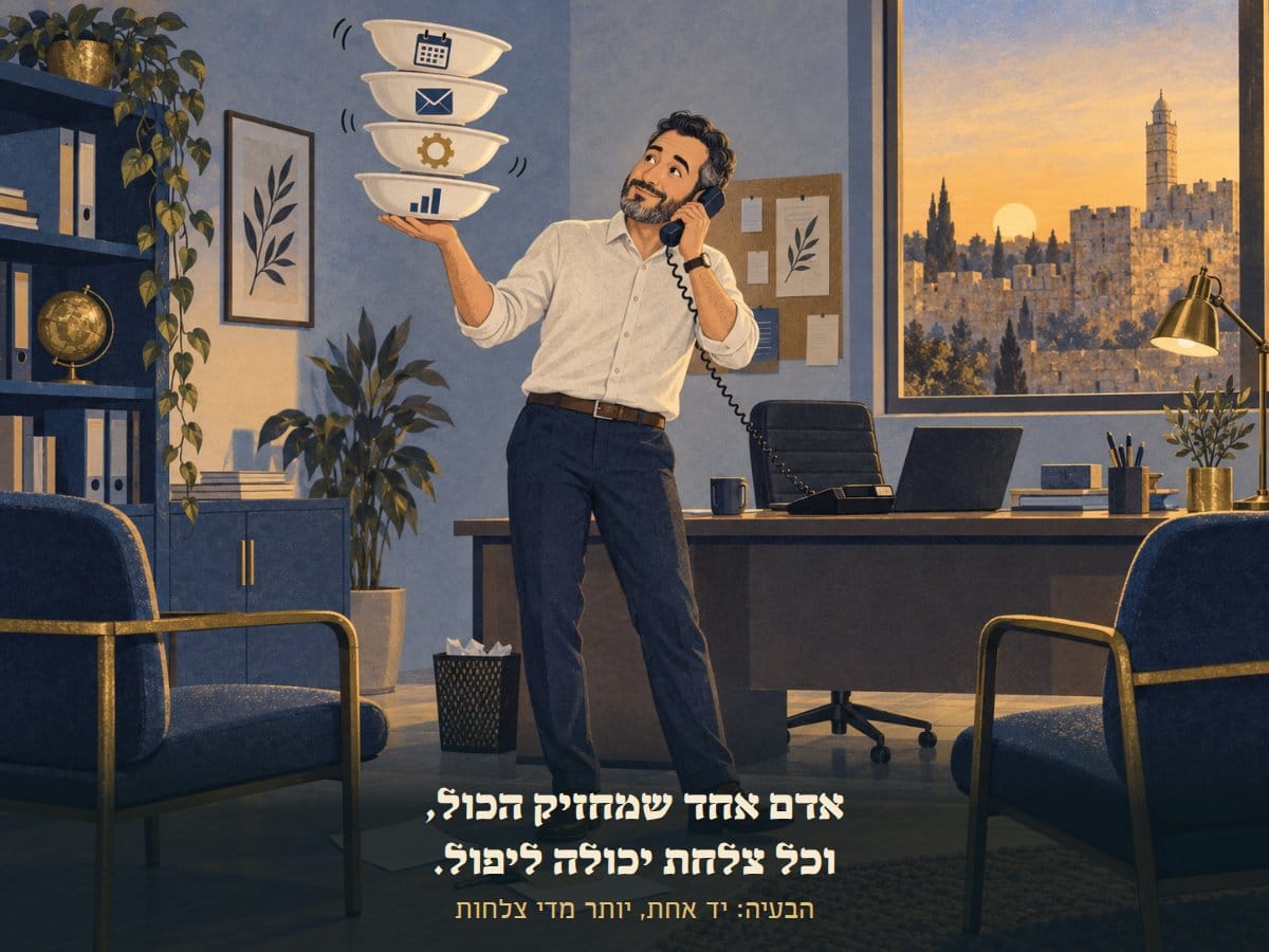 בעל עסק מאזן ערימת צלחות ביד אחת ומדבר בטלפון ביד השנייה