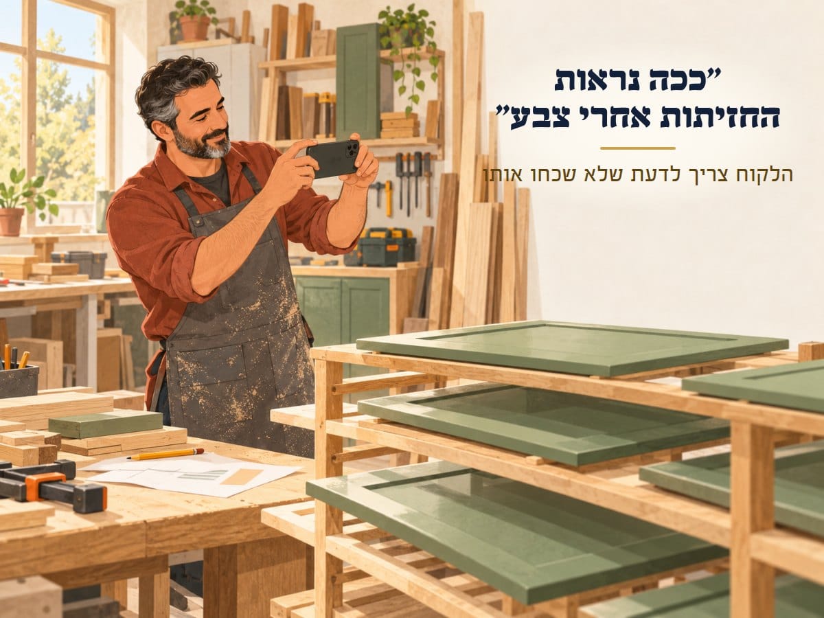 נגר בסינר מצלם בטלפון חזיתות ארון ירוקות שמתייבשות על מתקן, כדי לשלוח ללקוח
