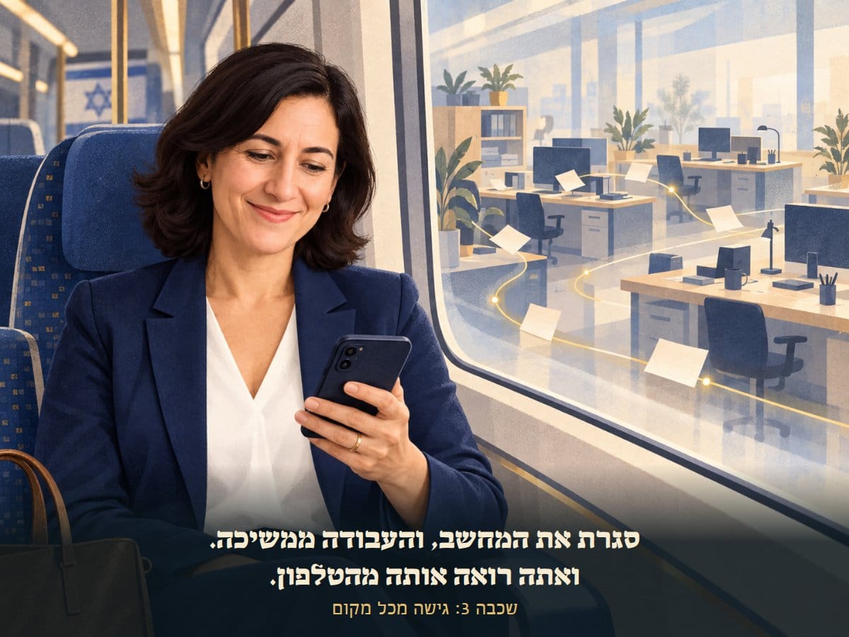 מיכל ברכבת מסתכלת בטלפון, ובחלון רואים שהעבודה במשרד ממשיכה לבד