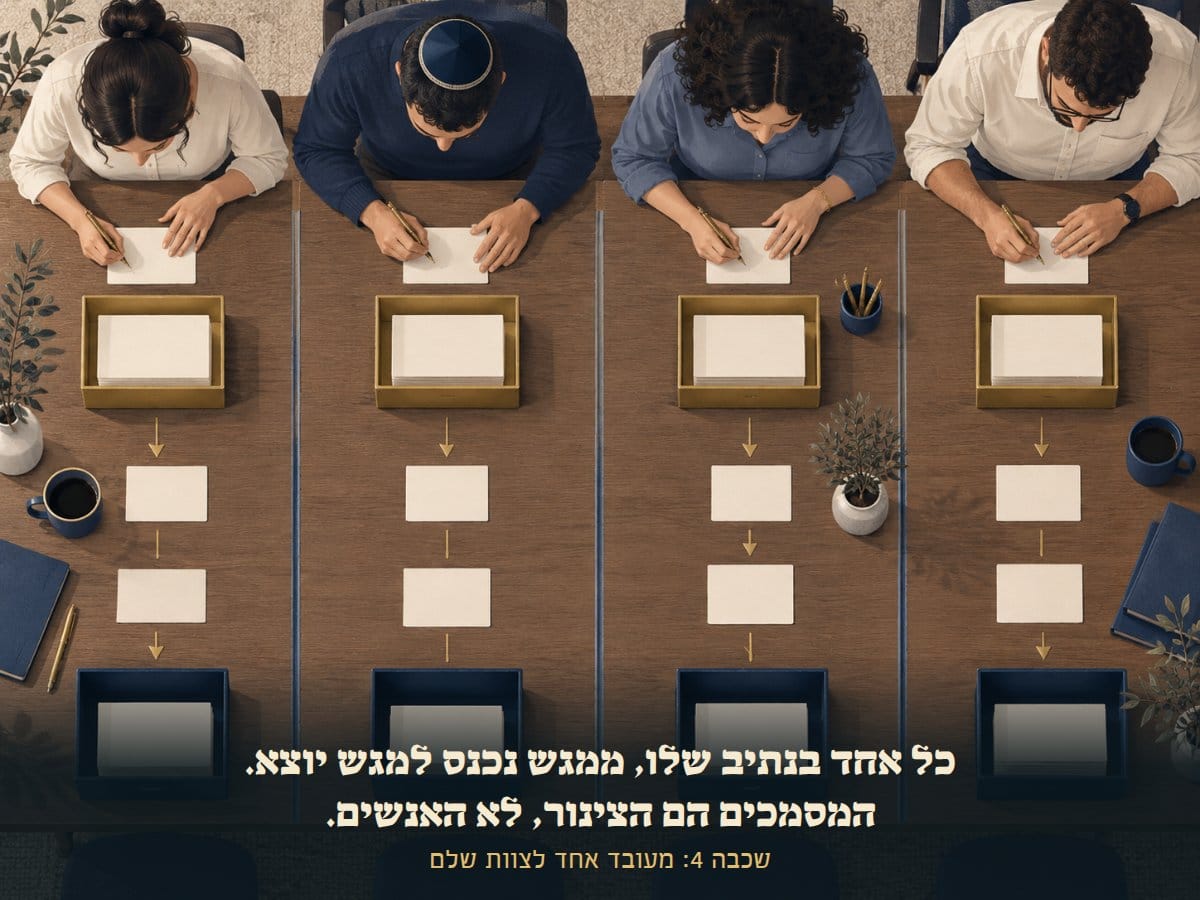 מבט מלמעלה על שולחן עם מסלולים מקבילים, וכל אחד עובד בין המגש הנכנס ליוצא