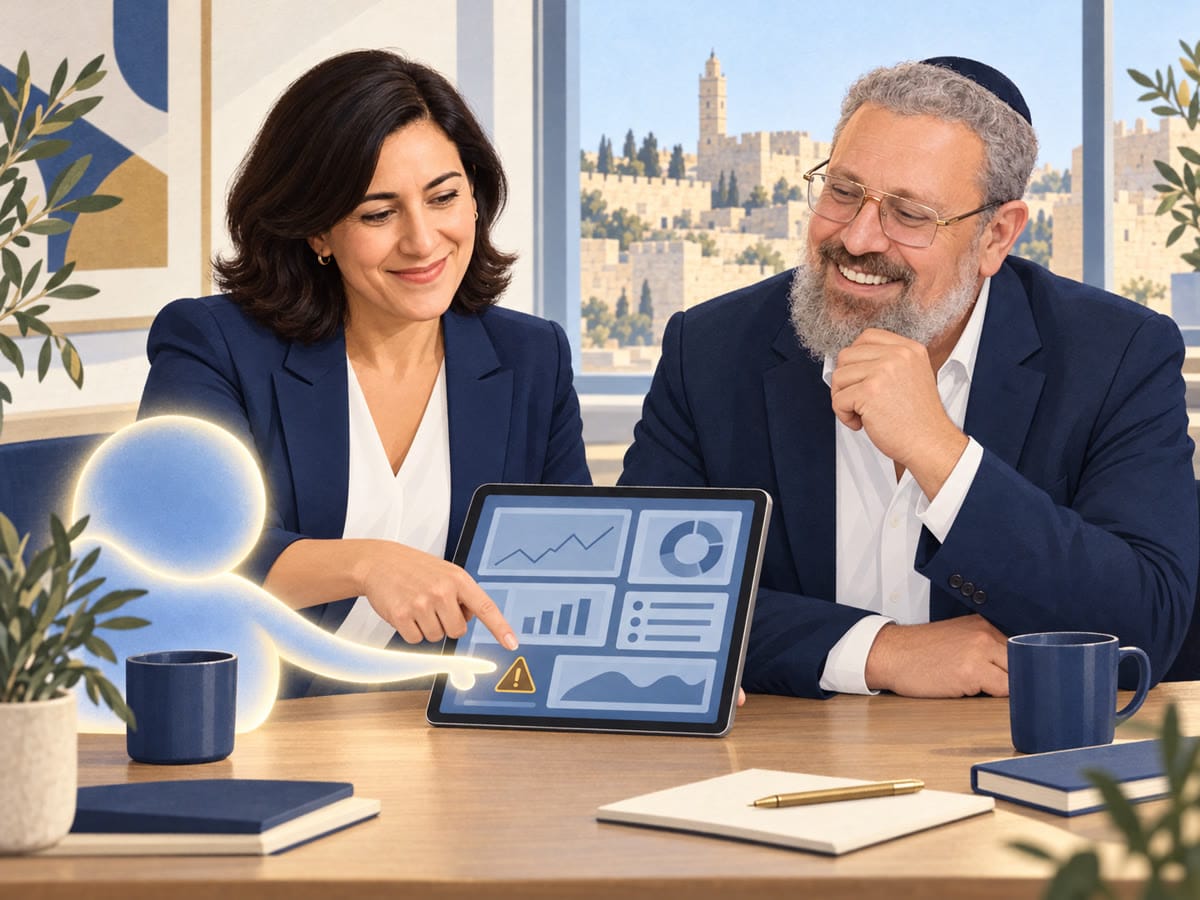 מיכל מראה ליניב בטאבלט אזהרה קטנה, והוא מקשיב בעניין