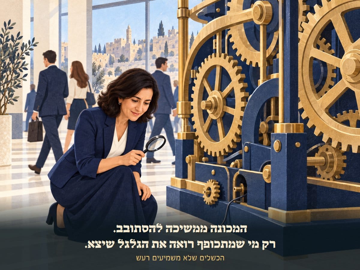 מיכל כורעת עם זכוכית מגדלת ליד מכונה גדולה, ורק היא שמה לב לגלגל שיצא מהמסילה