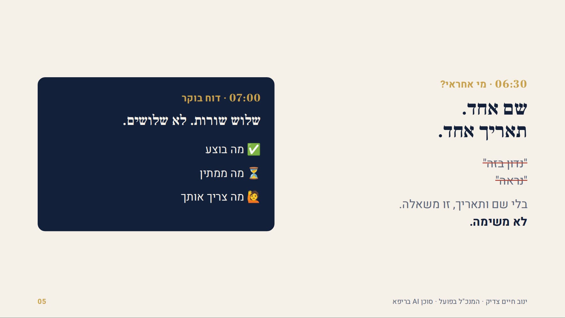 שם אחד ותאריך אחד, ודוח בוקר בשלוש שורות